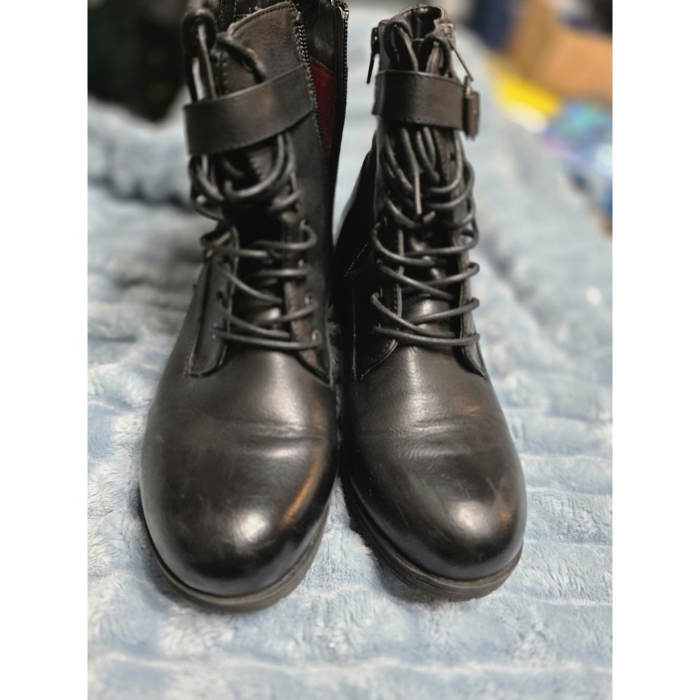 Restricted Black Combat Boots Women's Lace Up Buckle Zipper Moto Ankle